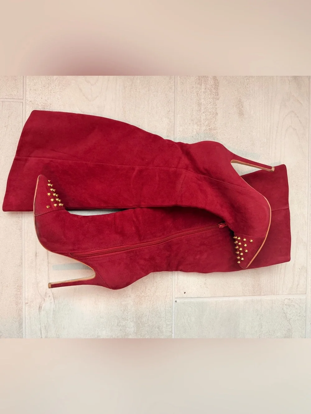 Shoe Dazzle Burgundy Suede Over-the-Knee Studded Pointed Boots
